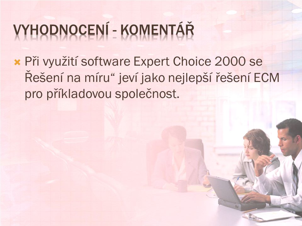  Při využití software Expert Choice 2000 se Řešení na míru jeví jako nejlepší řešení ECM pro příkladovou společnost.