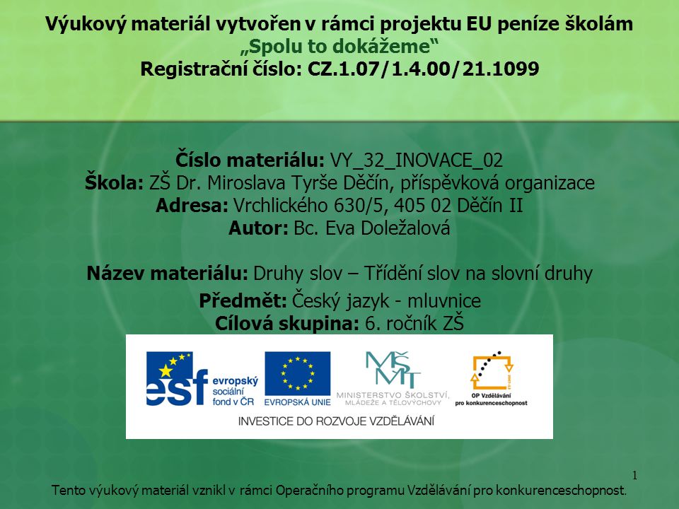 Výukový materiál vytvořen v rámci projektu EU peníze školám „Spolu to dokážeme Registrační číslo: CZ.1.07/1.4.00/ Číslo materiálu: VY_32_INOVACE_02 Škola: ZŠ Dr.