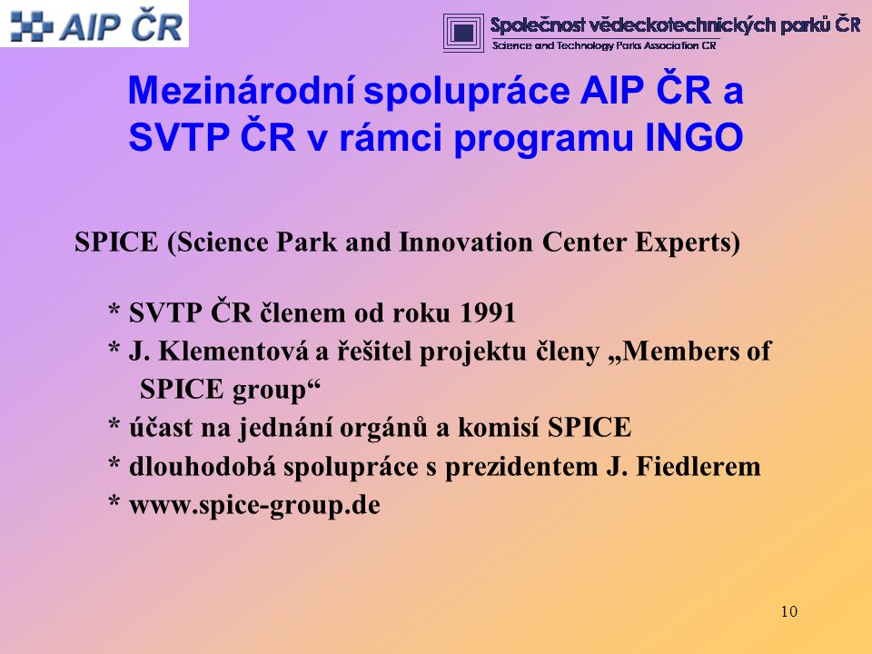 10 Mezinárodní spolupráce AIP ČR a SVTP ČR v rámci programu INGO SPICE (Science Park and Innovation Center Experts) * SVTP ČR členem od roku 1991 * J.