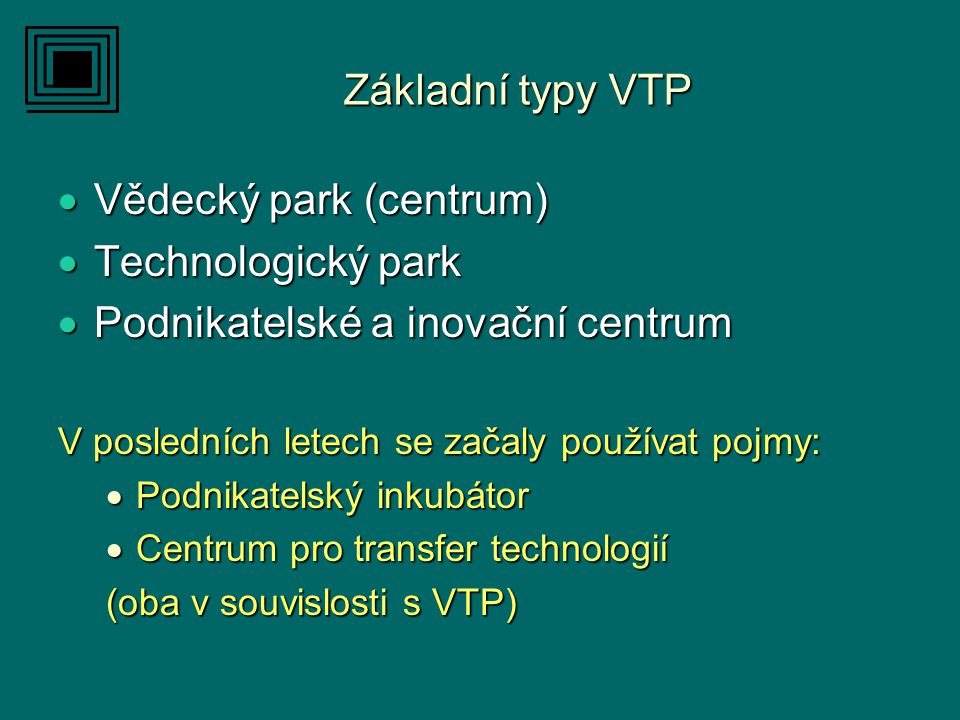 Základní typy VTP  Vědecký park (centrum)  Technologický park  Podnikatelské a inovační centrum V posledních letech se začaly používat pojmy:  Podnikatelský inkubátor  Centrum pro transfer technologií (oba v souvislosti s VTP)