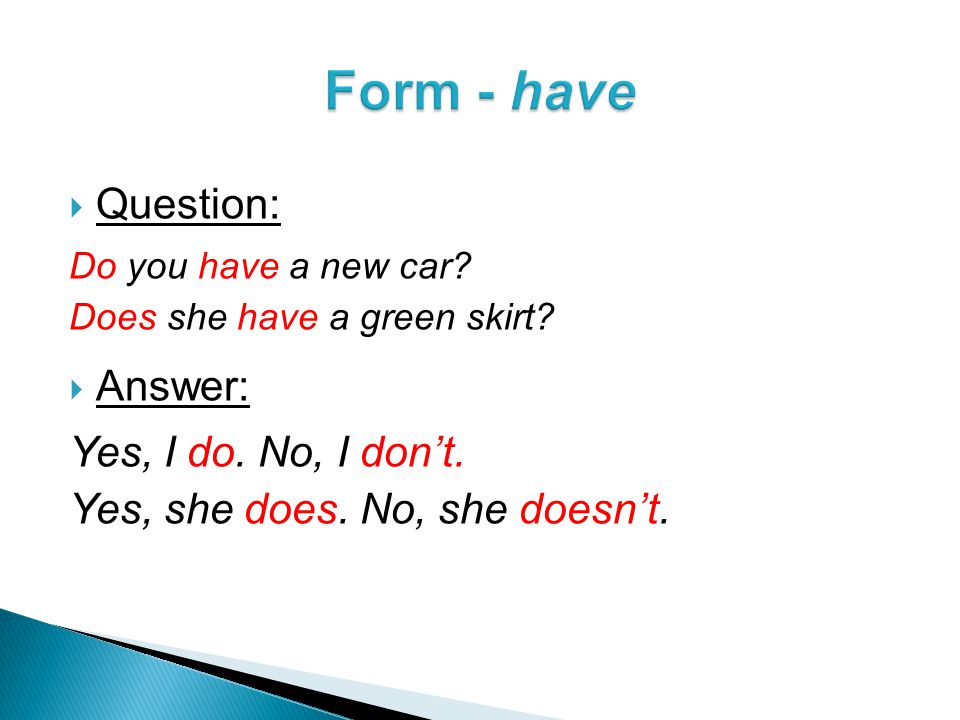 Question: Do you have a new car. Does she have a green skirt.