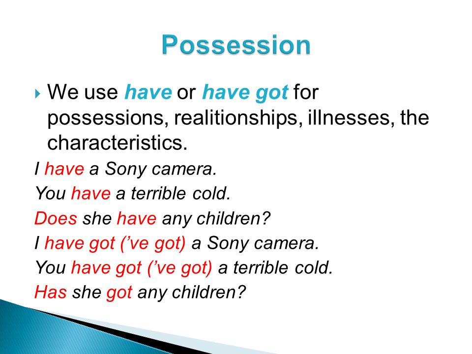  We use have or have got for possessions, realitionships, illnesses, the characteristics.