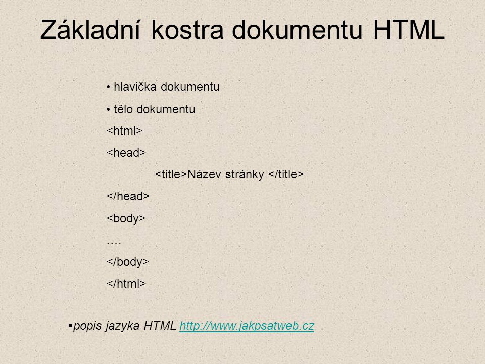 Základní kostra dokumentu HTML hlavička dokumentu tělo dokumentu Název stránky ….