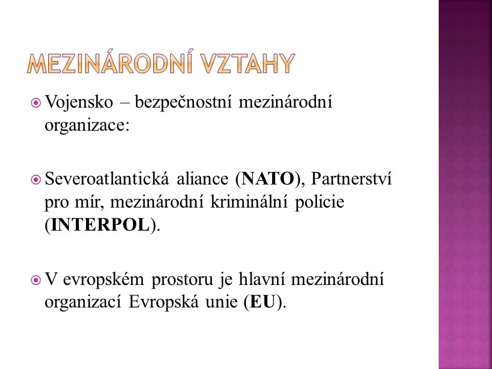  Vojensko – bezpečnostní mezinárodní organizace:  Severoatlantická aliance (NATO), Partnerství pro mír, mezinárodní kriminální policie (INTERPOL).