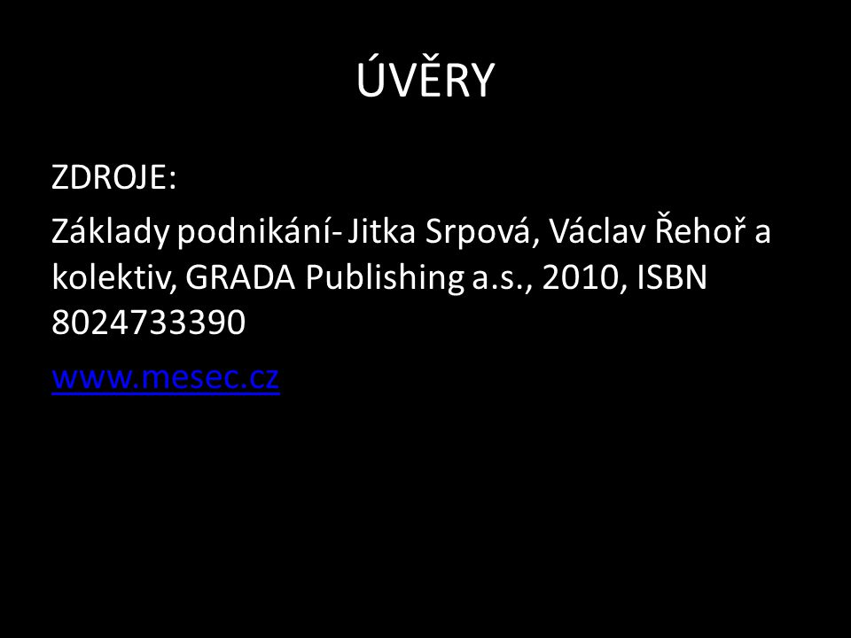 ÚVĚRY ZDROJE: Základy podnikání- Jitka Srpová, Václav Řehoř a kolektiv, GRADA Publishing a.s., 2010, ISBN