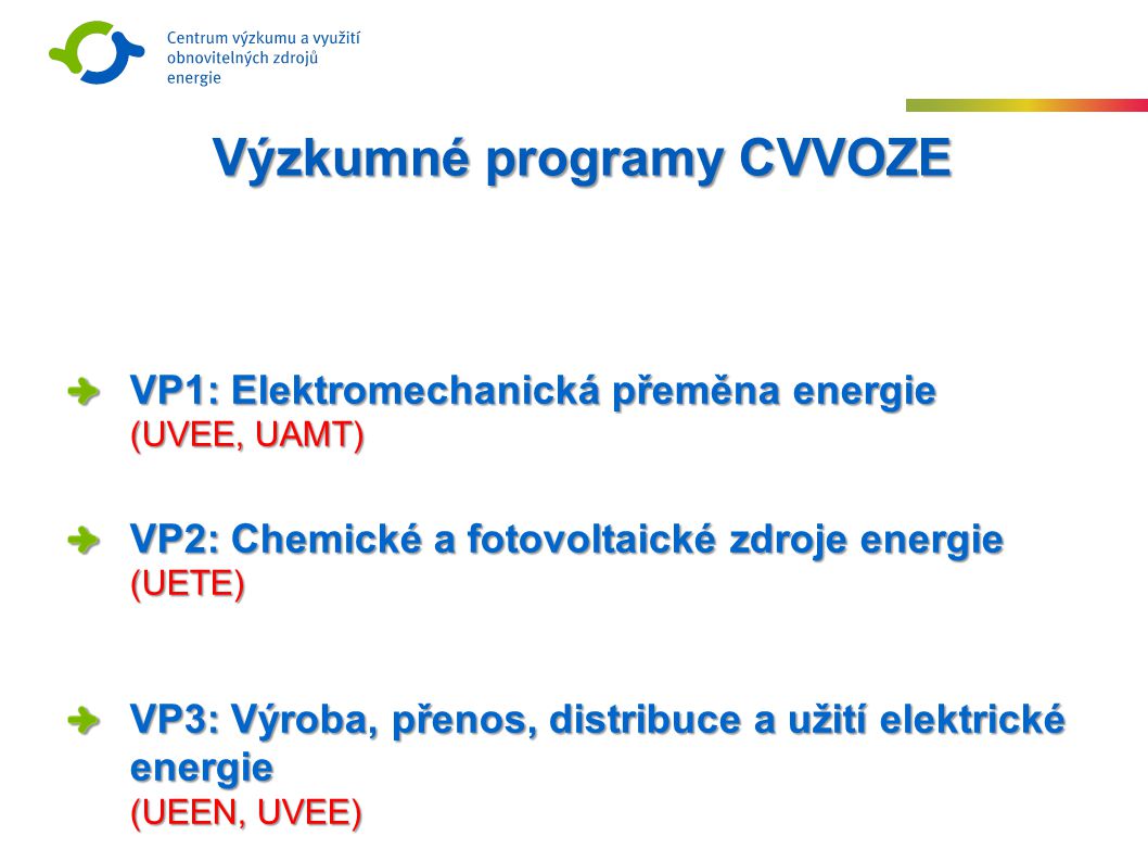 VP1: Elektromechanická přeměna energie (UVEE, UAMT) VP2: Chemické a fotovoltaické zdroje energie (UETE) VP3: Výroba, přenos, distribuce a užití elektrické energie (UEEN, UVEE) Výzkumné programy CVVOZE