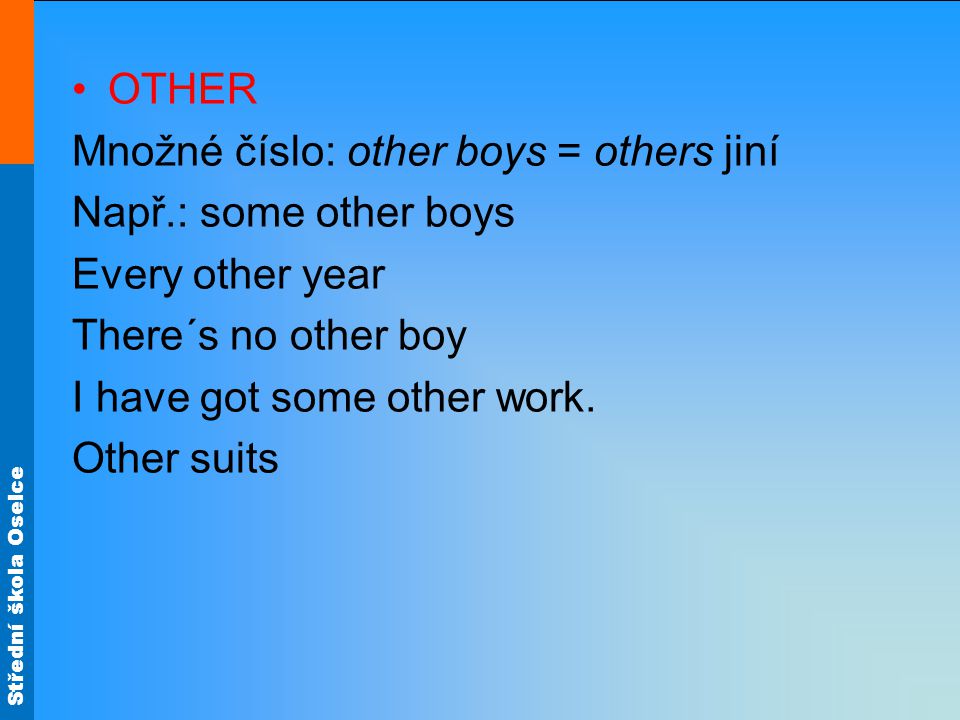 Střední škola Oselce OTHER Množné číslo: other boys = others jiní Např.: some other boys Every other year There´s no other boy I have got some other work.