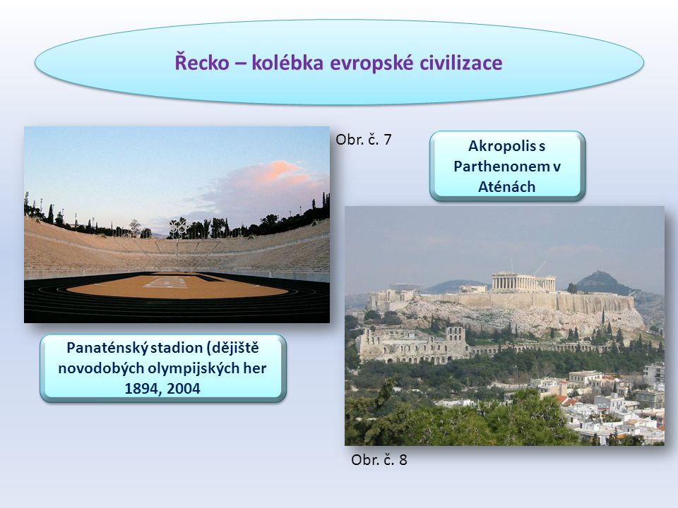 Řecko – kolébka evropské civilizace Panaténský stadion (dějiště novodobých olympijských her 1894, 2004 Akropolis s Parthenonem v Aténách Obr.