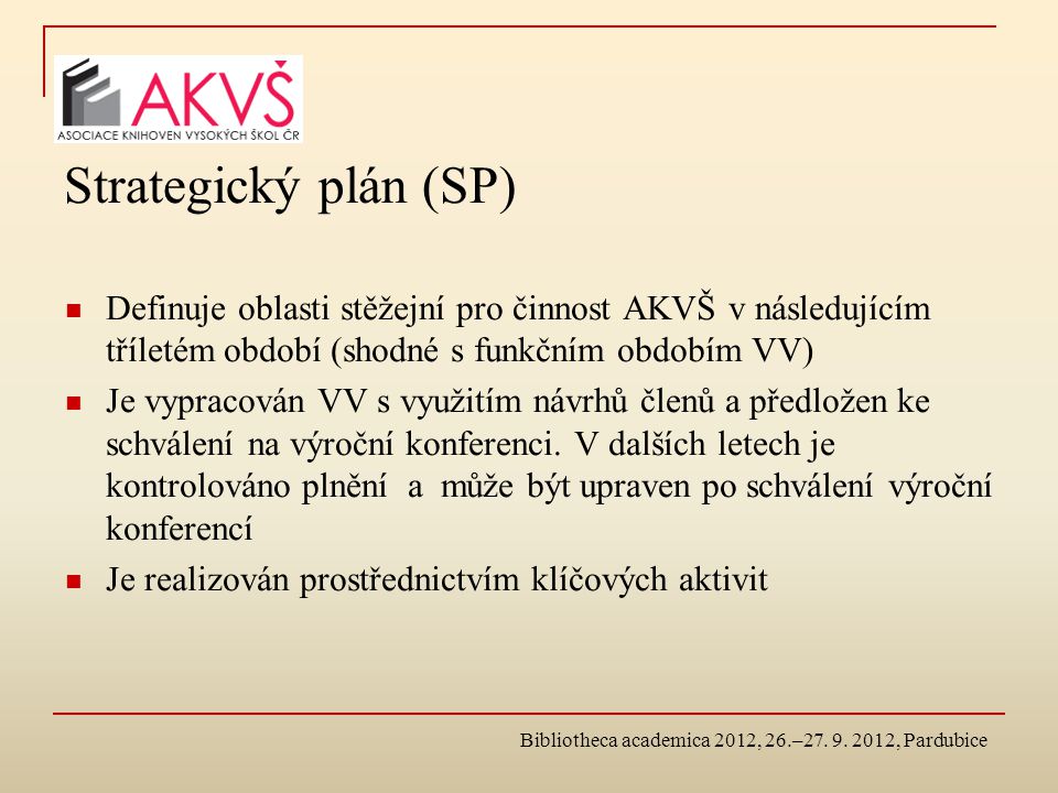 Strategický plán (SP) Definuje oblasti stěžejní pro činnost AKVŠ v následujícím tříletém období (shodné s funkčním obdobím VV) Je vypracován VV s využitím návrhů členů a předložen ke schválení na výroční konferenci.
