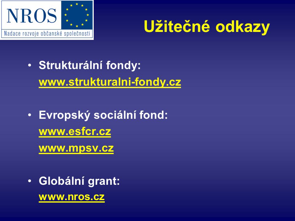 Strukturální fondy:   Evropský sociální fond:     Globální grant:   Užitečné odkazy