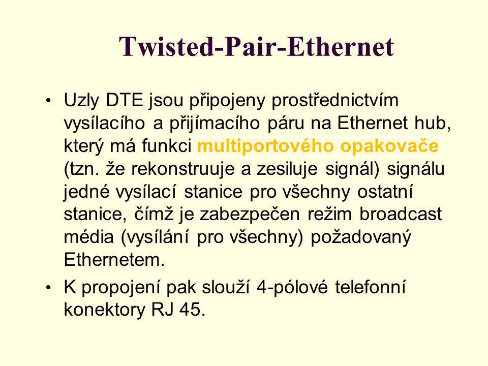 Twisted-Pair-Ethernet Uzly DTE jsou připojeny prostřednictvím vysílacího a přijímacího páru na Ethernet hub, který má funkci multiportového opakovače (tzn.