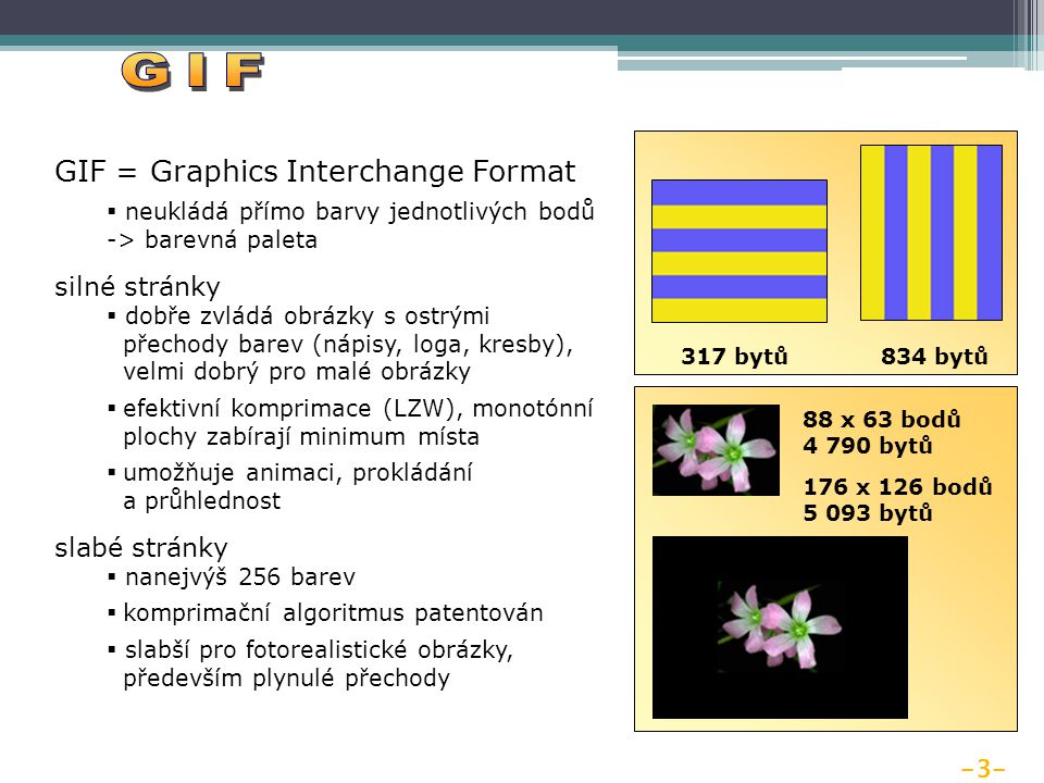 -3- GIF = Graphics Interchange Format  neukládá přímo barvy jednotlivých bodů -> barevná paleta silné stránky  dobře zvládá obrázky s ostrými přechody barev (nápisy, loga, kresby), velmi dobrý pro malé obrázky  efektivní komprimace (LZW), monotónní plochy zabírají minimum místa  umožňuje animaci, prokládání a průhlednost slabé stránky  nanejvýš 256 barev  komprimační algoritmus patentován  slabší pro fotorealistické obrázky, především plynulé přechody 317 bytů834 bytů 88 x 63 bodů bytů 176 x 126 bodů bytů