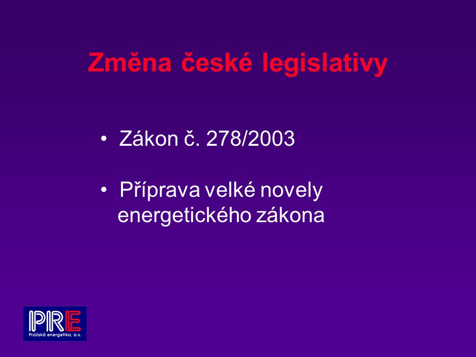 Změna české legislativy Zákon č. 278/2003 Příprava velké novely energetického zákona