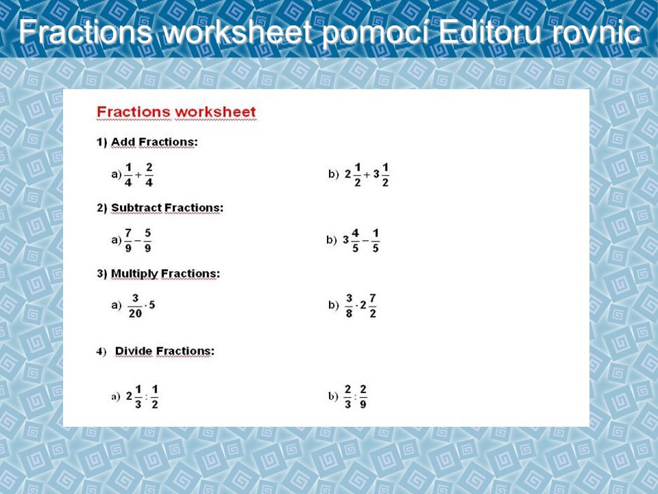 Fractions worksheet pomocí Editoru rovnic