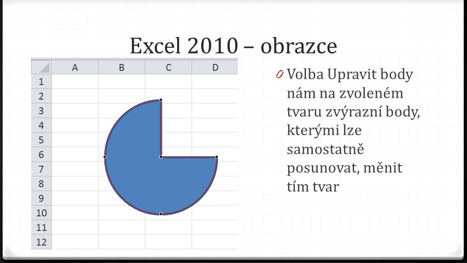 Excel 2010 – obrazce 0 Volba Upravit body nám na zvoleném tvaru zvýrazní body, kterými lze samostatně posunovat, měnit tím tvar