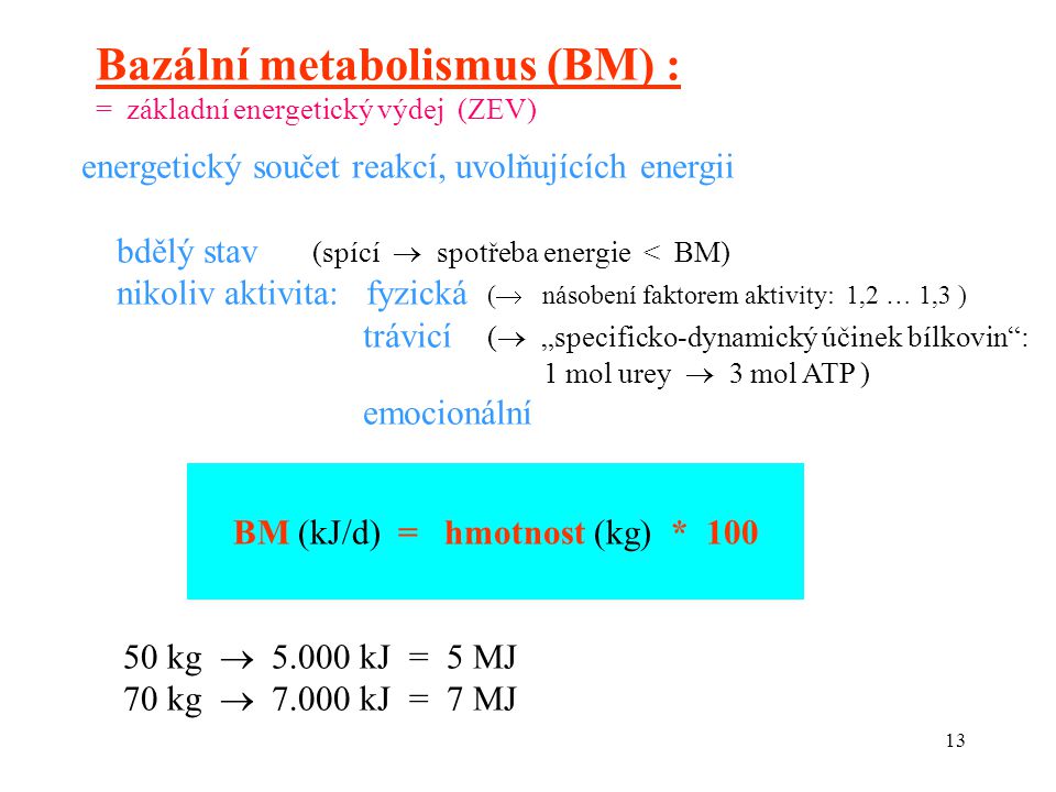 13 Bazální metabolismus (BM) : = základní energetický výdej (ZEV) energetický součet reakcí, uvolňujících energii bdělý stav (spící  spotřeba energie < BM) nikoliv aktivita: fyzická (  násobení faktorem aktivity: 1,2 … 1,3 ) trávicí (  „specificko-dynamický účinek bílkovin : 1 mol urey  3 mol ATP ) emocionální BM (kJ/d) = hmotnost (kg) * kg  kJ = 5 MJ 70 kg  kJ = 7 MJ