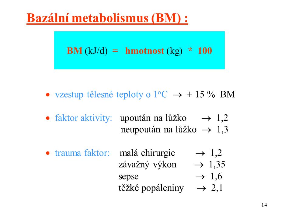 14 Bazální metabolismus (BM) : BM (kJ/d) = hmotnost (kg) * 100  vzestup tělesné teploty o 1 o C  + 15 % BM  faktor aktivity: upoután na lůžko  1,2 neupoután na lůžko  1,3  trauma faktor: malá chirurgie  1,2 závažný výkon  1,35 sepse  1,6 těžké popáleniny  2,1