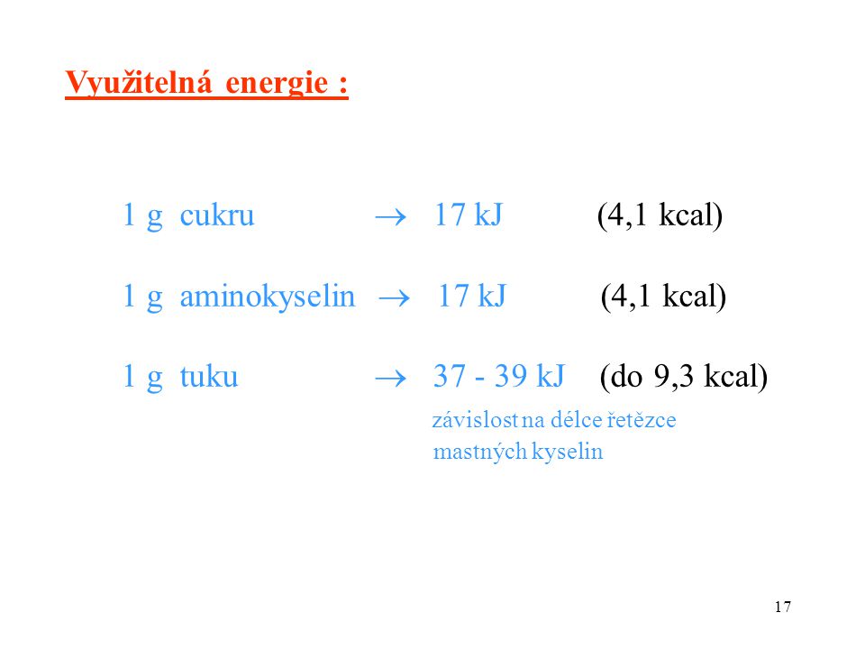 17 Využitelná energie : 1 g cukru  17 kJ (4,1 kcal) 1 g aminokyselin  17 kJ (4,1 kcal) 1 g tuku  kJ (do 9,3 kcal) závislost na délce řetězce mastných kyselin