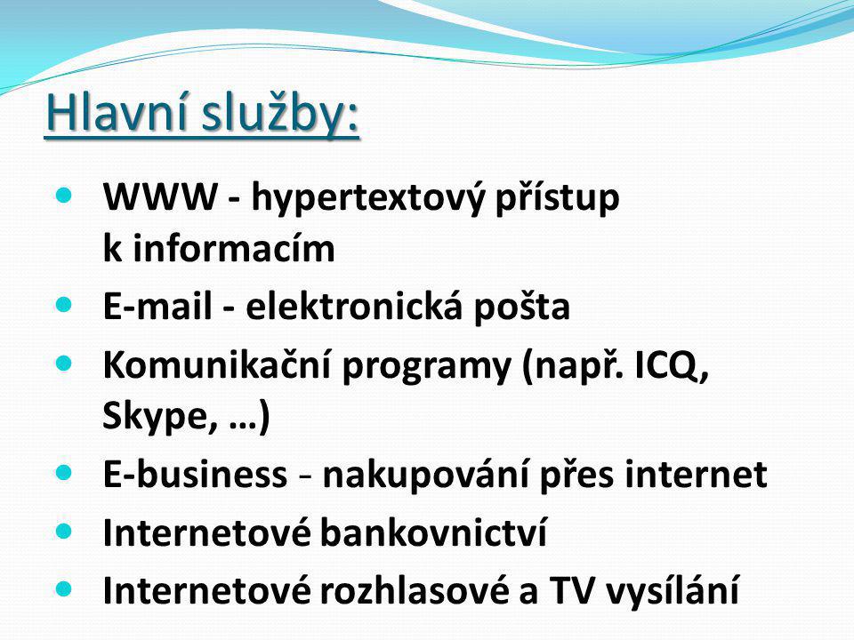 Hlavní služby: WWW - hypertextový přístup k informacím  - elektronická pošta Komunikační programy (např.