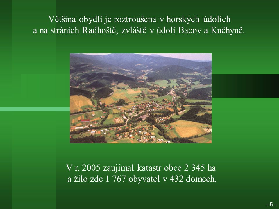 Většina obydlí je roztroušena v horských údolích a na stráních Radhoště, zvláště v údolí Bacov a Kněhyně.