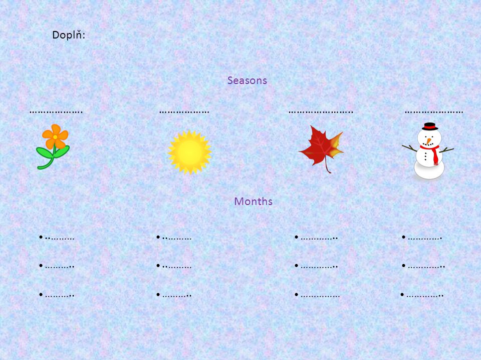 Seasons ………………. ……………… ………………….. ………………… Doplň: Months ●..……… ●..……… ●…………..