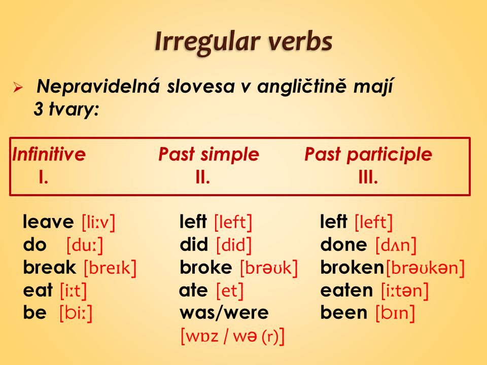  Nepravidelná slovesa v angličtině mají 3 tvary: InfinitivePast simplePast participle I.