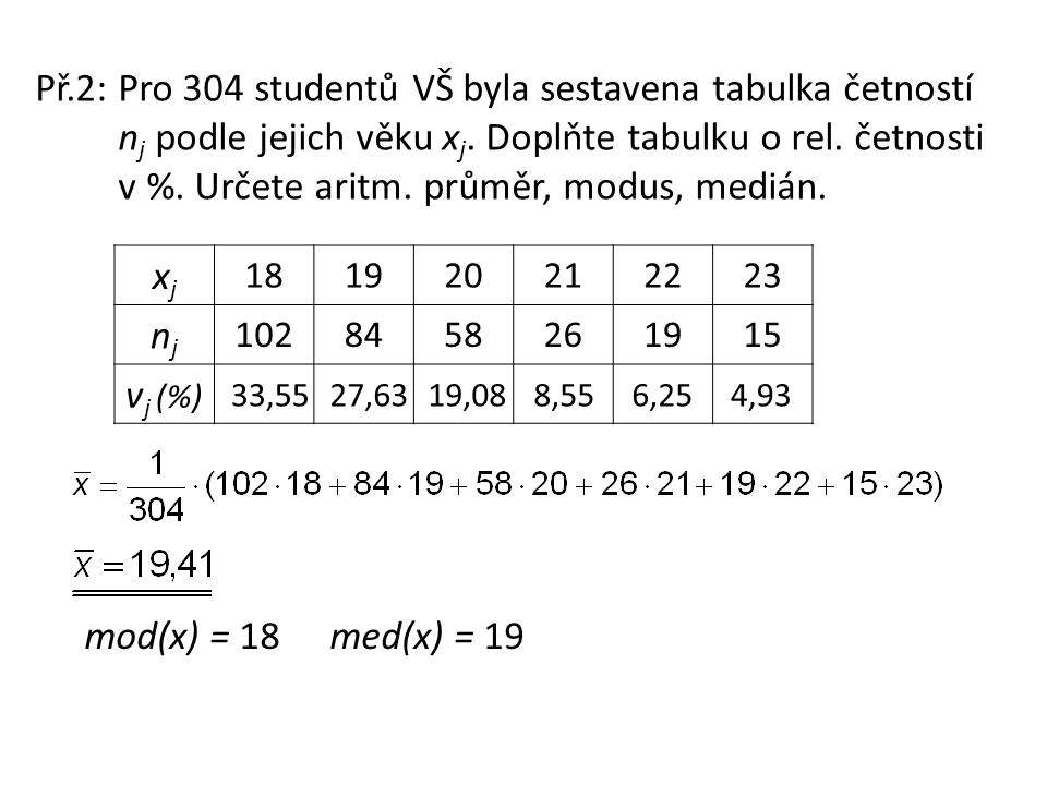 Př.2: Pro 304 studentů VŠ byla sestavena tabulka četností n j podle jejich věku x j.