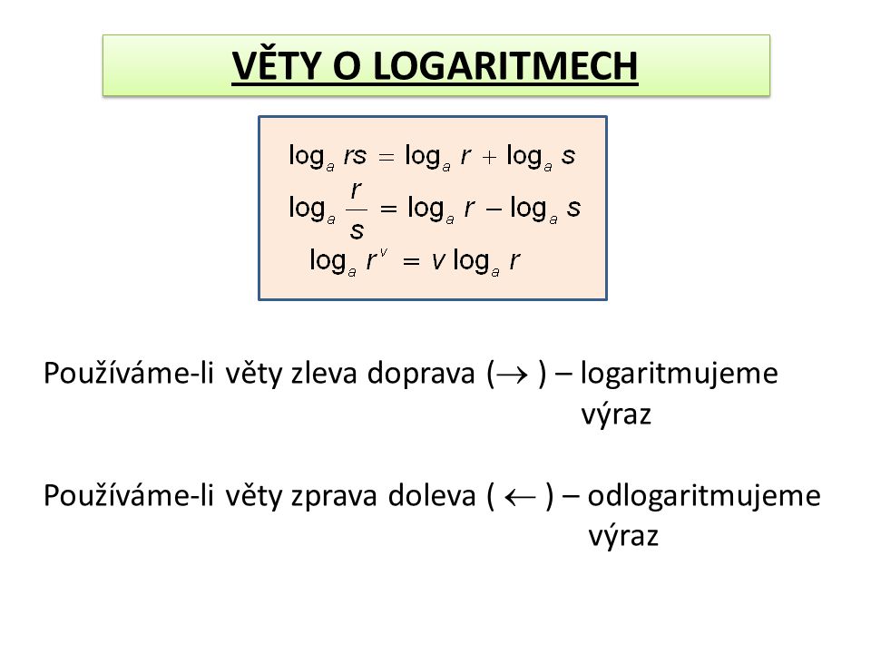 VĚTY O LOGARITMECH Používáme-li věty zleva doprava (  ) – logaritmujeme výraz Používáme-li věty zprava doleva (  ) – odlogaritmujeme výraz