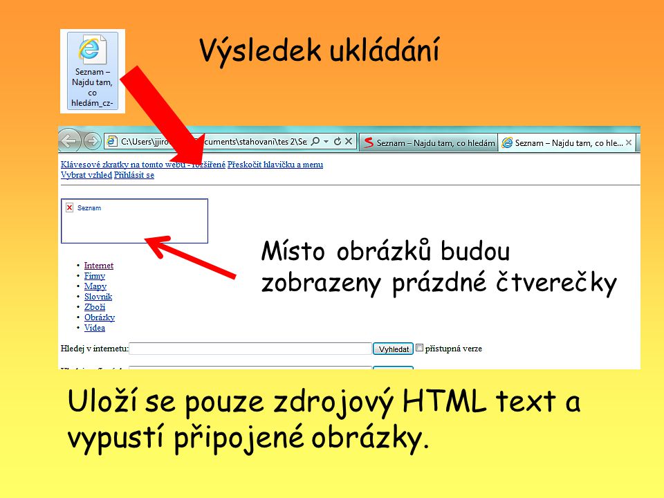 Výsledek ukládání Uloží se pouze zdrojový HTML text a vypustí připojené obrázky.