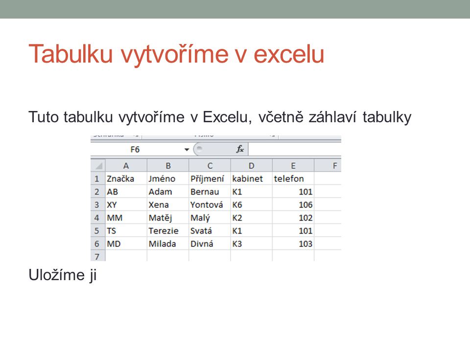 Tabulku vytvoříme v excelu Tuto tabulku vytvoříme v Excelu, včetně záhlaví tabulky Uložíme ji