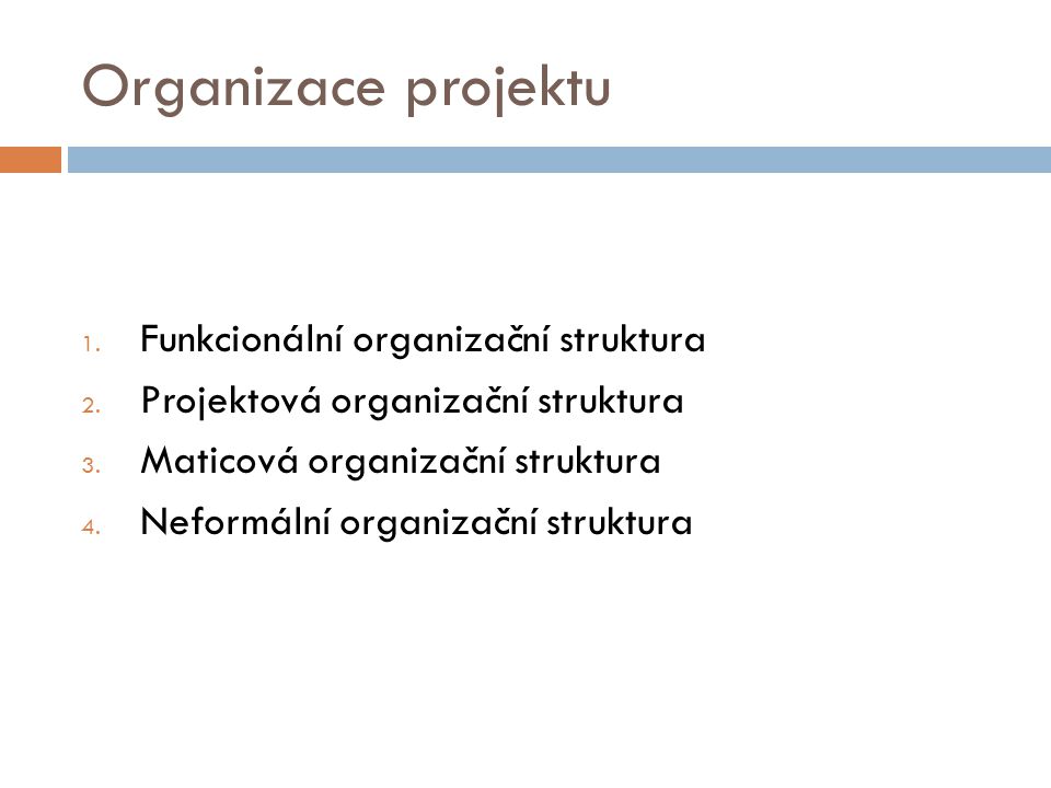 Organizace projektu 1. Funkcionální organizační struktura 2.