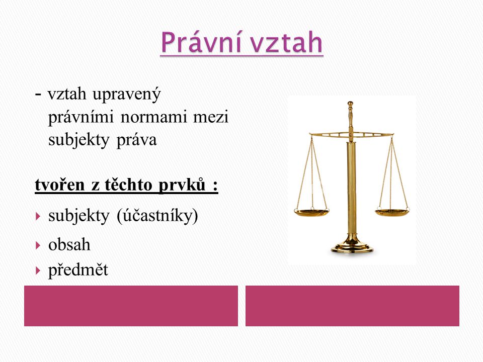 - vztah upravený právními normami mezi subjekty práva tvořen z těchto prvků :  subjekty (účastníky)  obsah  předmět