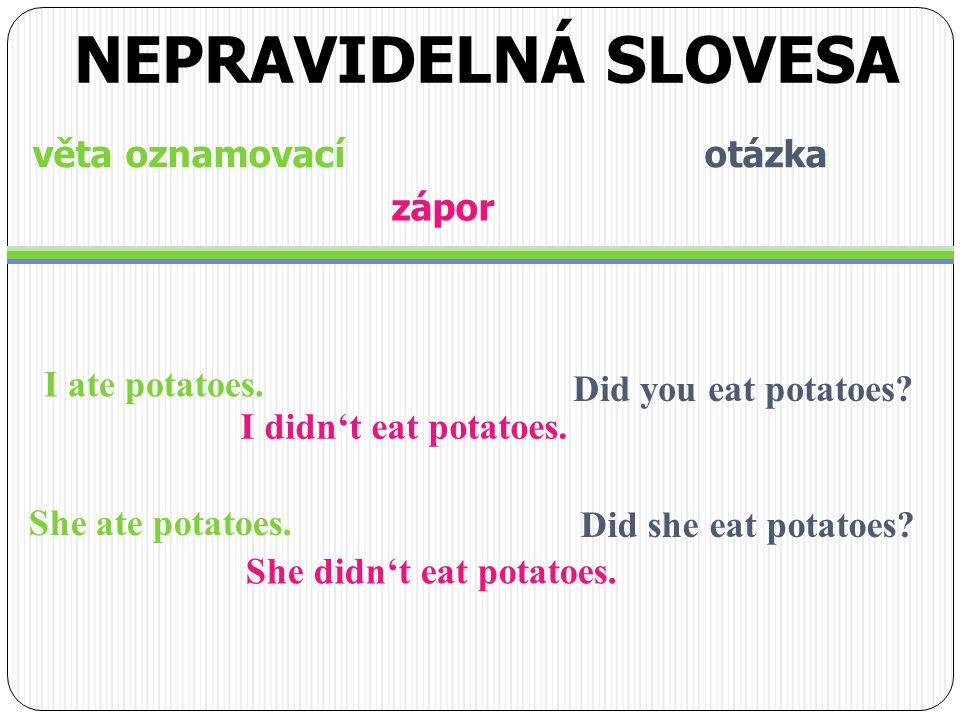 věta oznamovací otázka I ate potatoes. NEPRAVIDELNÁ SLOVESA zápor I didn‘t eat potatoes.