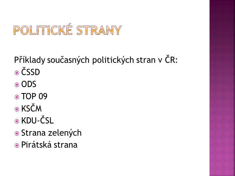 Příklady současných politických stran v ČR:  ČSSD  ODS  TOP 09  KSČM  KDU-ČSL  Strana zelených  Pirátská strana