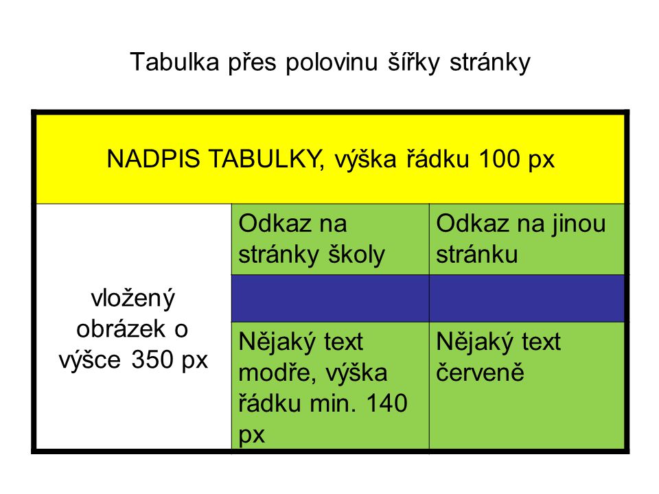Tabulka přes polovinu šířky stránky NADPIS TABULKY, výška řádku 100 px vložený obrázek o výšce 350 px Odkaz na stránky školy Odkaz na jinou stránku Nějaký text modře, výška řádku min.
