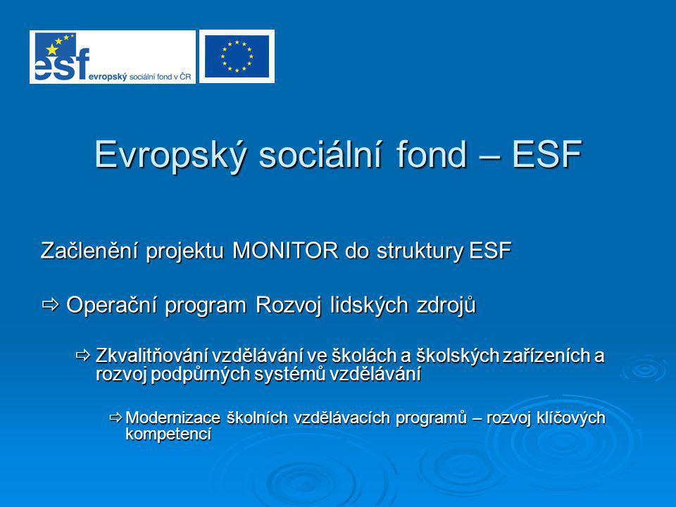 Evropský sociální fond – ESF Začlenění projektu MONITOR do struktury ESF  Operační program Rozvoj lidských zdrojů  Zkvalitňování vzdělávání ve školách a školských zařízeních a rozvoj podpůrných systémů vzdělávání  Modernizace školních vzdělávacích programů – rozvoj klíčových kompetencí