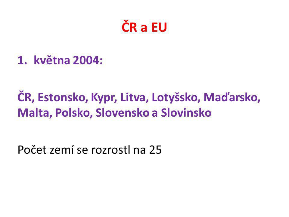 ČR a EU 1.května 2004: ČR, Estonsko, Kypr, Litva, Lotyšsko, Maďarsko, Malta, Polsko, Slovensko a Slovinsko Počet zemí se rozrostl na 25