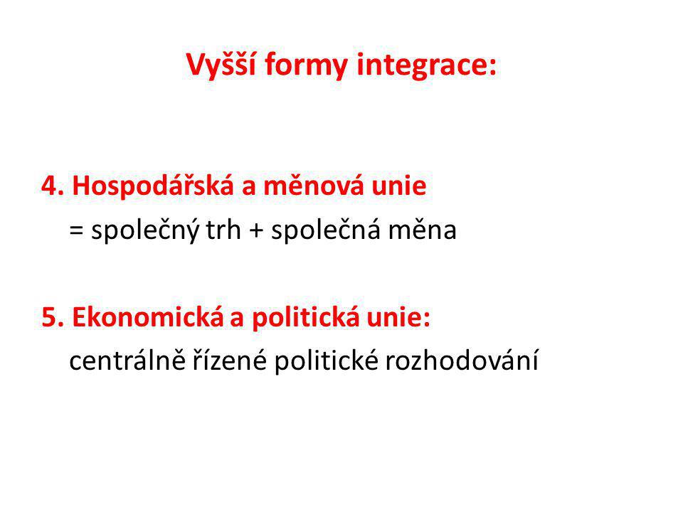 Vyšší formy integrace: 4. Hospodářská a měnová unie = společný trh + společná měna 5.