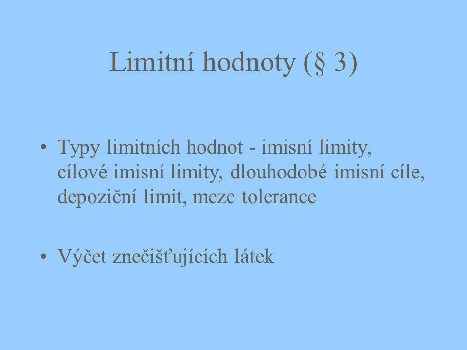 Limitní hodnoty (§ 3) Typy limitních hodnot - imisní limity, cílové imisní limity, dlouhodobé imisní cíle, depoziční limit, meze tolerance Výčet znečišťujících látek