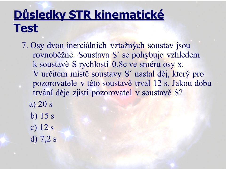 Důsledky STR kinematické Test 7. Osy dvou inerciálních vztažných soustav jsou rovnoběžné.
