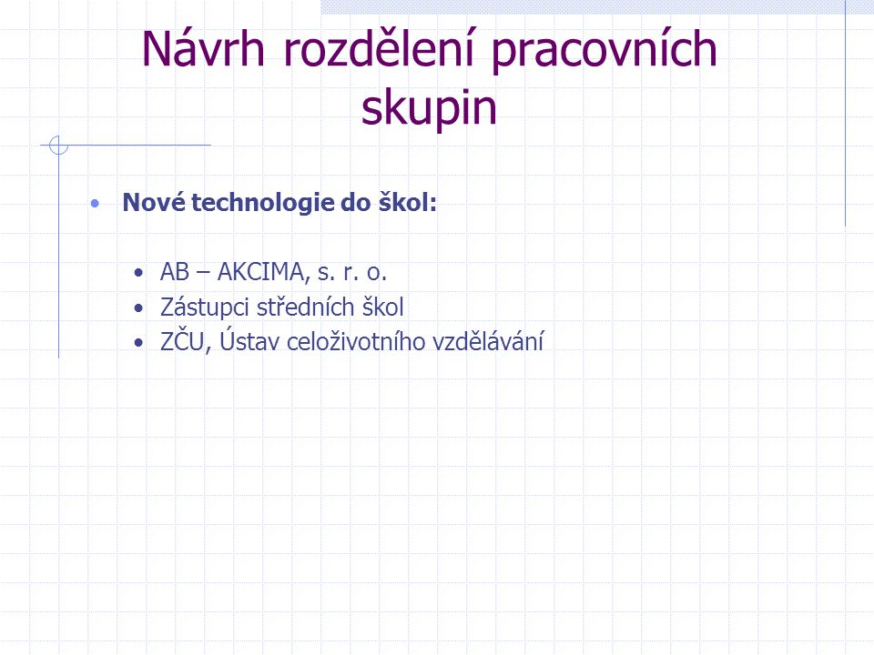 Návrh rozdělení pracovních skupin Nové technologie do škol: AB – AKCIMA, s.