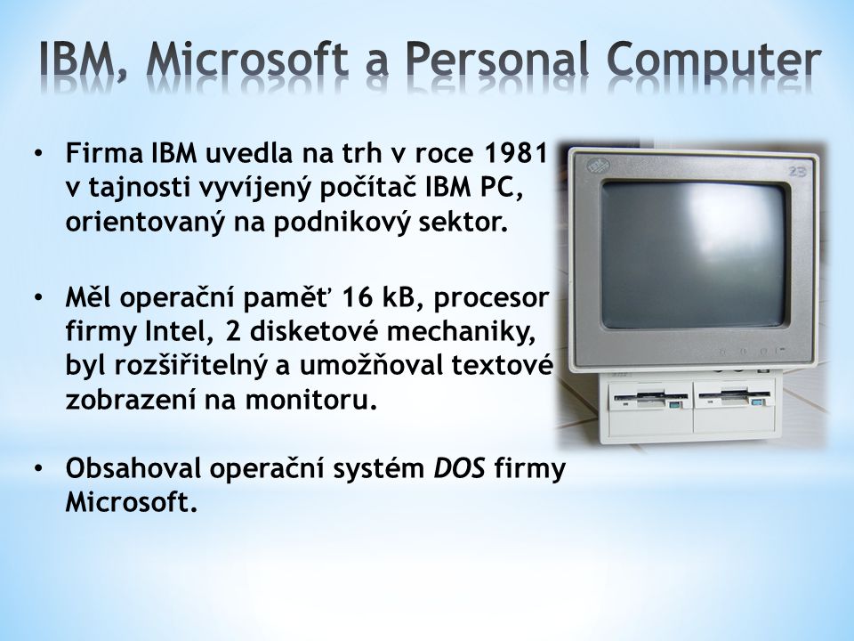 Firma IBM uvedla na trh v roce 1981 v tajnosti vyvíjený počítač IBM PC, orientovaný na podnikový sektor.