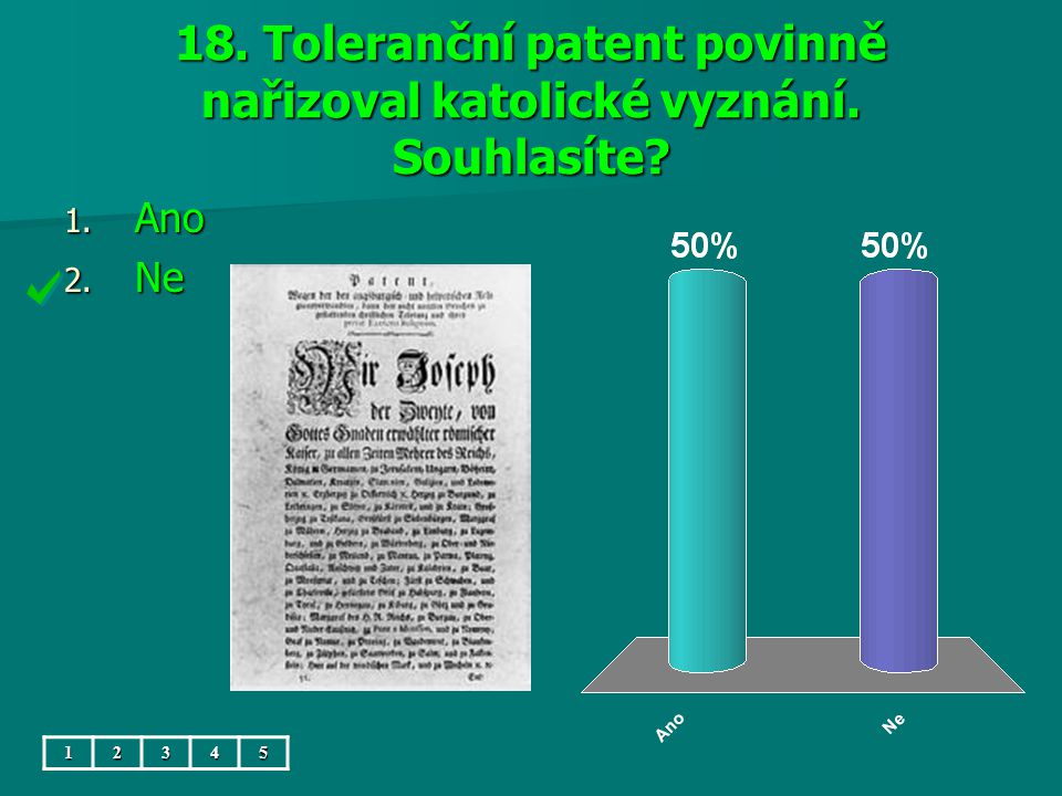 18. Toleranční patent povinně nařizoval katolické vyznání. Souhlasíte 1. Ano 2. Ne 12345