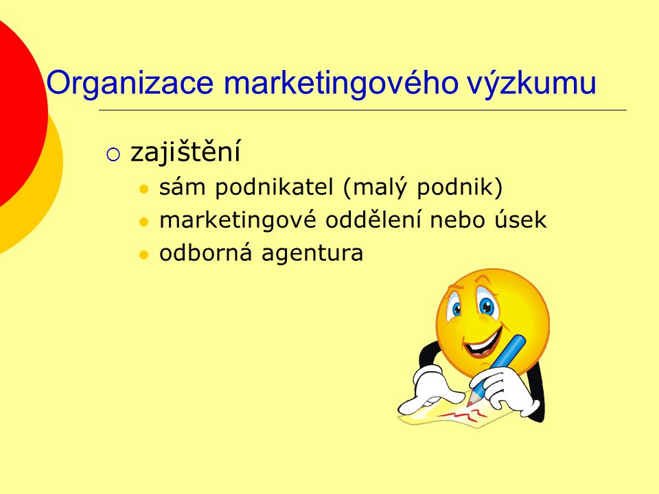 Organizace marketingového výzkumu  zajištění sám podnikatel (malý podnik) marketingové oddělení nebo úsek odborná agentura