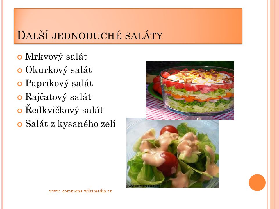 D ALŠÍ JEDNODUCHÉ SALÁTY Mrkvový salát Okurkový salát Paprikový salát Rajčatový salát Ředkvičkový salát Salát z kysaného zelí www.