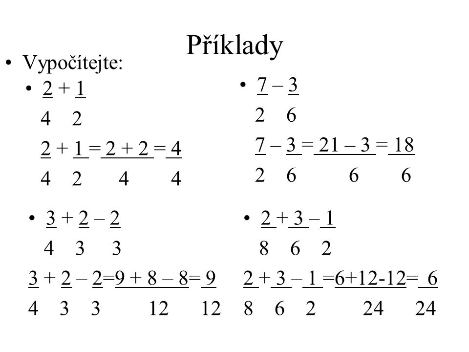 Příklady = = – – 3 = 21 – 3 = – – 2=9 + 8 – 8= – – 1 = = Vypočítejte: