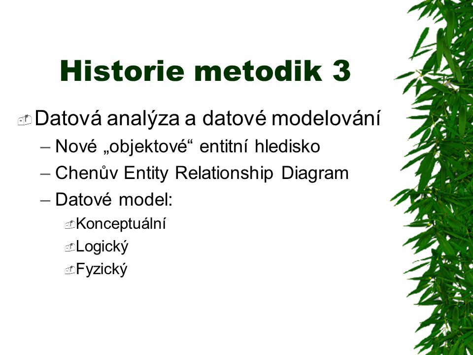 Historie metodik 3  Datová analýza a datové modelování –Nové „objektové entitní hledisko –Chenův Entity Relationship Diagram –Datové model:  Konceptuální  Logický  Fyzický