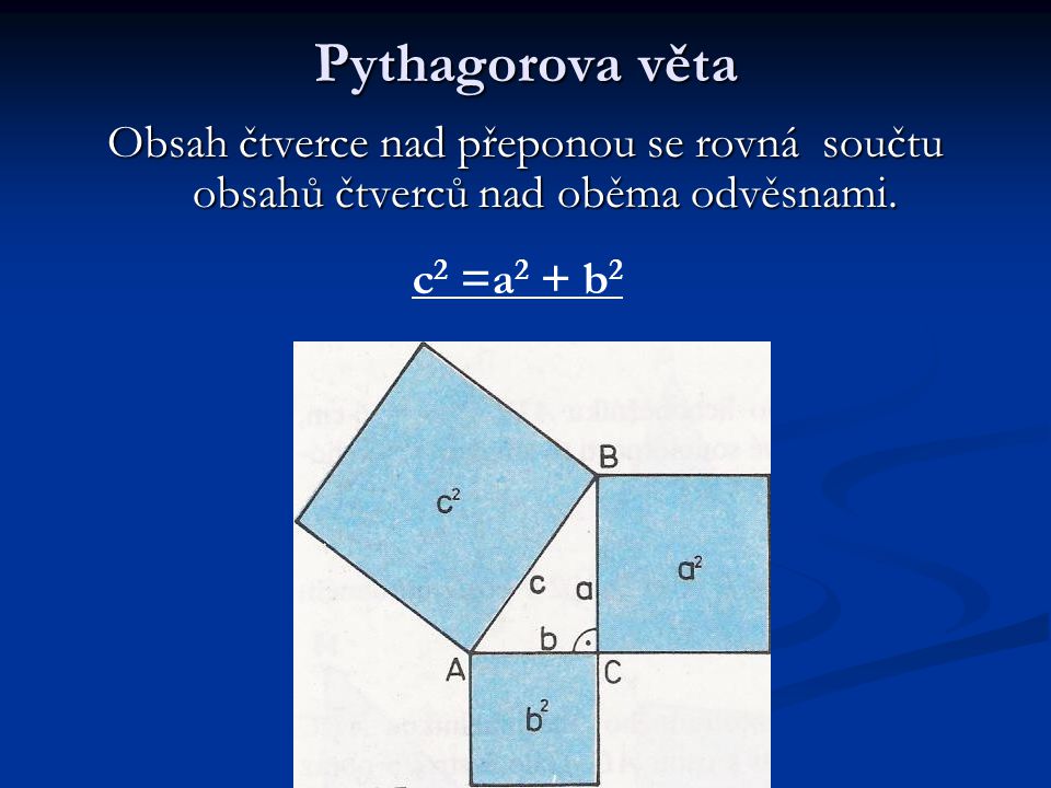 Pythagorova věta Obsah čtverce nad přeponou se rovná součtu obsahů čtverců nad oběma odvěsnami.