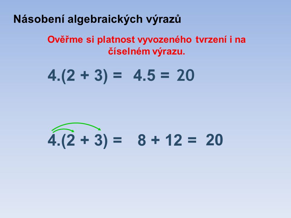4.(2 + 3) = = Ověřme si platnost vyvozeného tvrzení i na číselném výrazu.