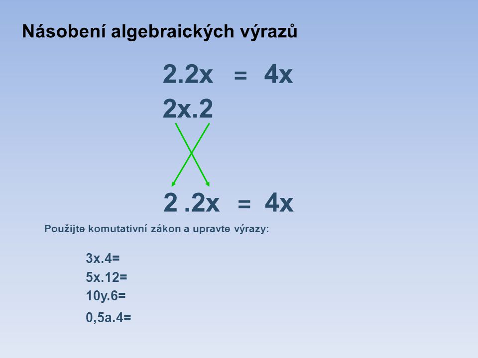 2.2x = 4x 2x.2.2x = 4x Použijte komutativní zákon a upravte výrazy: 3x.4= 5x.12= 10y.6= 0,5a.4= 2